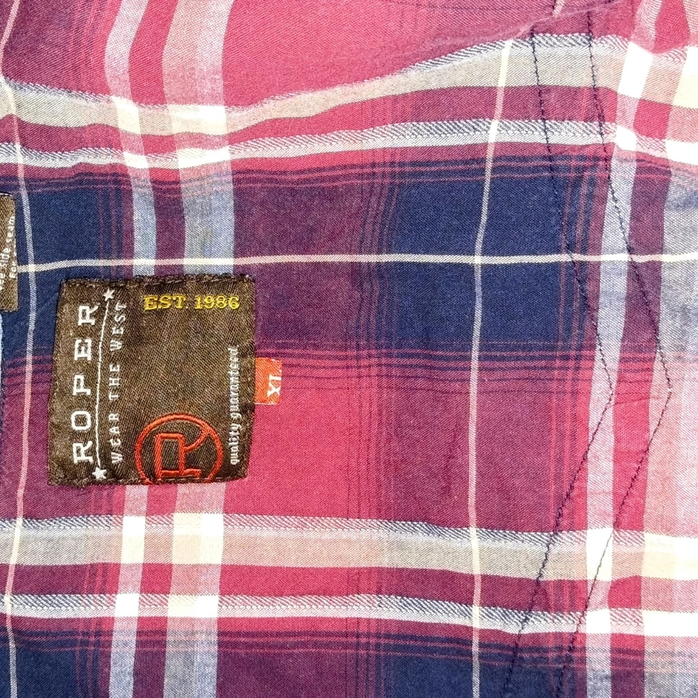 Roper Western Shirt Mens XL Red White Blue Pearl Snaps Short Sleeve Pockets - Picture 2 of 10
